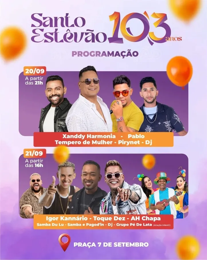 Santo Estevão comemora 103 anos com festa e shows de Xanddy Harmonia, Pablo e muito mais!